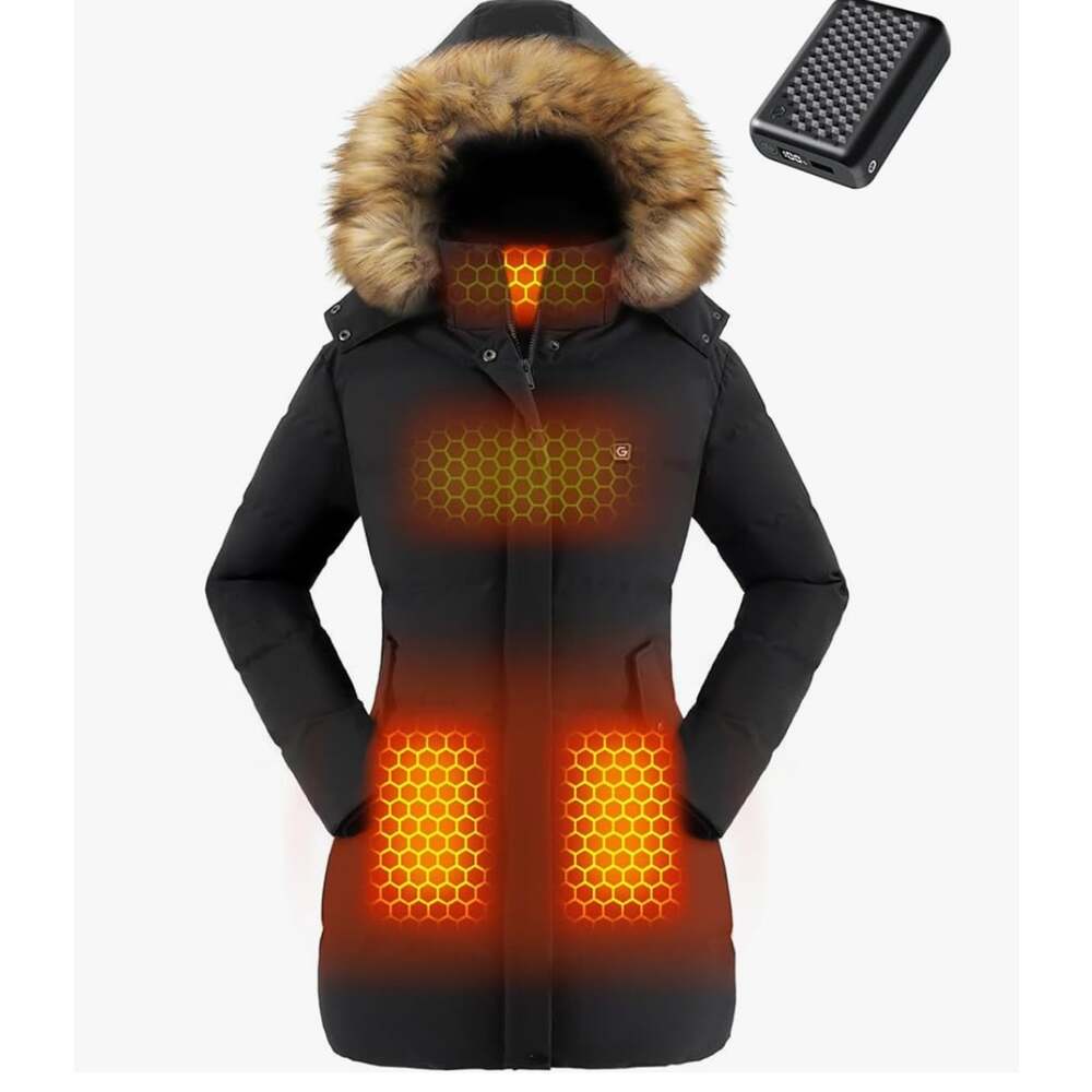 Genovega Women's Heated Hooded Long Jacket Sleeve Black SZ LARGE